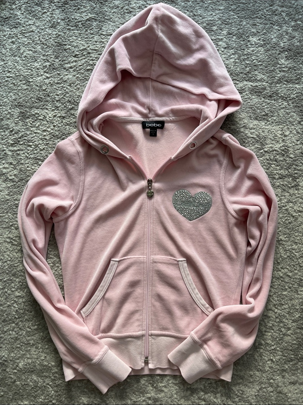 VTG Bebe Velour Hooded Jacket Y2K Zip Up Hoodie Velvet Sweatshirt light pink S